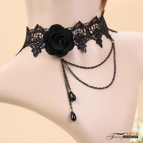 Chaînes Mode Personnalité Tendance Gothique Rétro Noir Perle Rose Fleur Collier Ras Du Cou Collier Court Dentelle Faux Bibelots Femme