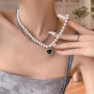 Chaînes mode rétro Hip Hop perle noir pêche coeur collier Double couche couleur argent chaîne cubaine pour femme bijoux cadeau