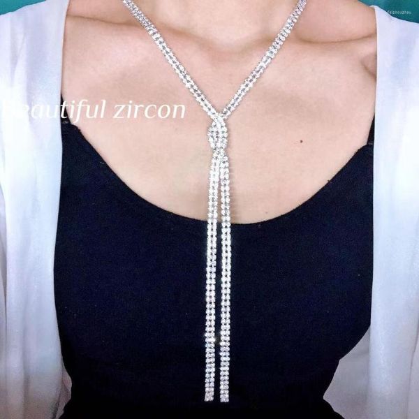 Cadenas moda Sexy mujer Rhinestone largo borla collar cruzado brillante cristal Irregular trenzado doble capa joyería completa