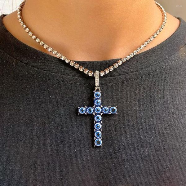 Chaînes mode turquie bleu oeil croix Zircon Tennis chaîne collier pour femmes Punk brillant Ankh tour de cou bijoux cadeaux