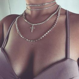 Kains Fashion Women Multi-Layer Rhinestone Chain Choker Cross Necklace Collier Gold Silver Color Chocker Femme Verkocht door set