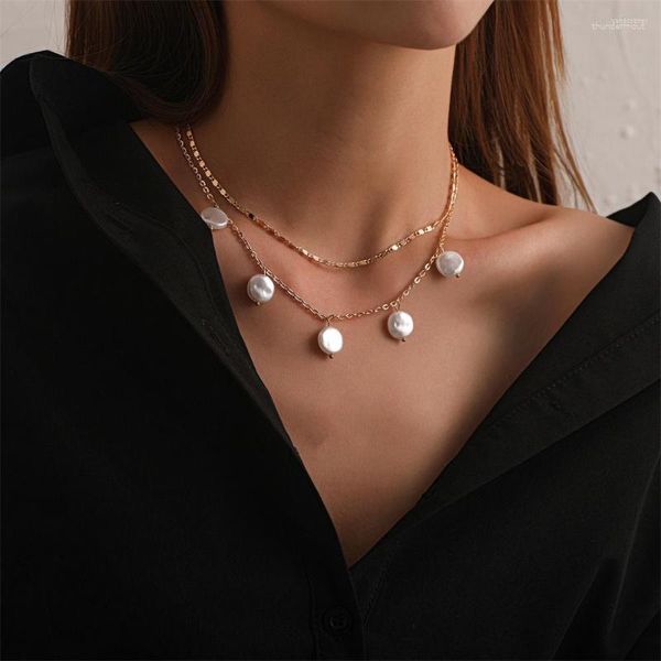 Chaînes à la mode gâteau rond perle pendentif collier tempérament féminin Simple chaîne multicouche femmes cadeau bijoux