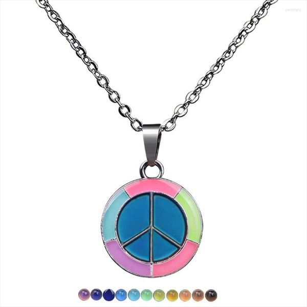 Chaînes À La Mode Sensible À La Température Changement De Couleur Nuit Lueur Et Paix Logo Pendentif Collier Avec Chaîne En Acier Inoxydable