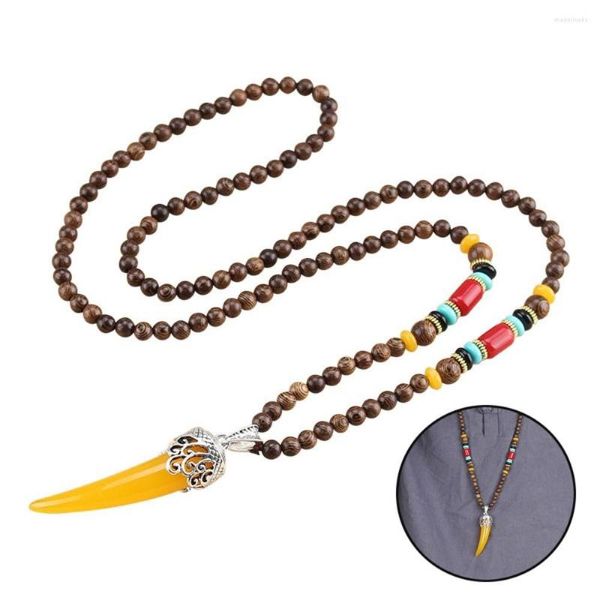 Chaînes Festival Mala Bois Perle À La Main Partie Chanceux Cadeau Ox Corne Pendentif Népal Collier Bouddhiste Long