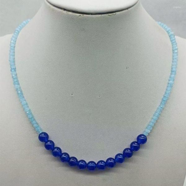 Chaînes fines 2x4mm à facettes bleu clair jade 8mm collier saphir rond 18 pouces cadeau de bijoux de mode