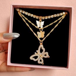 Cadenas Flatfoosie Boho multicapa mariposa collar con colgante de diamantes de imitación para mujer moda Animal joyería torcida
