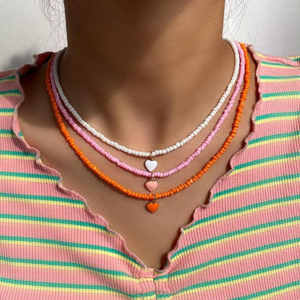 Chaînes Flatfoosie coloré perles de rocaille émail coeur pendentif collier pour femmes à la main Simple perlé chaîne tour de cou Boho bijoux