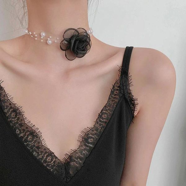 Chaines Français de tissu noir et blanc romantique français Long ruban coullier de perle de poulaillement femelle chaîne de clavicule d'été