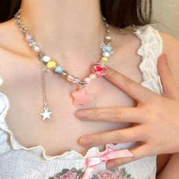 Cadenas diseño fresco piedra colorida amor corazón collar con cuentas para mujer personalidad Simple Cool Girl clavícula cadena joyería de moda
