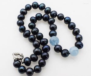 Chaînes Perle D'eau Douce Près Rond Noir Et Bleu Aigue-Marine 9-10mm Collier 18 pouces FPPJ Gros Perles Nature GRANDE TAILLE POUR CADEAU