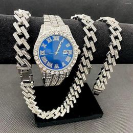 Correntes Completa Iced Out Watch Mens Cuban Chain Pulseira Inicial Colares Gargantilha Hip Hop Jóias Para Homens Gold Set268G