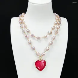 Cadenas G-G 2 filas Cultivadas de agua dulce Púrpura Keshi Collar de cadena de perlas barrocas Cuarzo rojo Cristal Corazón Colgante Joyería Regalos