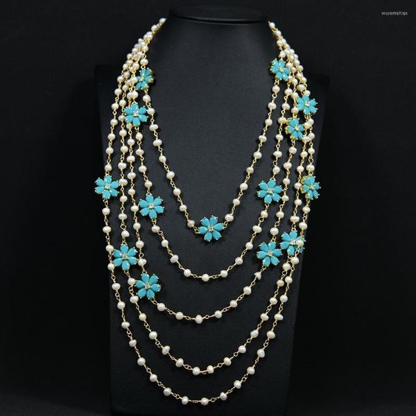 Cadenas G-G 5 Filas Collar de cadena de perlas blancas naturales Chapado en oro Azul Jade Cristal Pave Flor Conector Joyería de moda