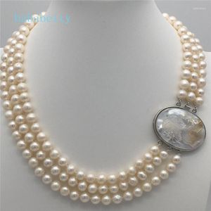 Chaînes Véritable 3 rangées 7-8mm Collier de perles d'eau douce Cameo Fermoir