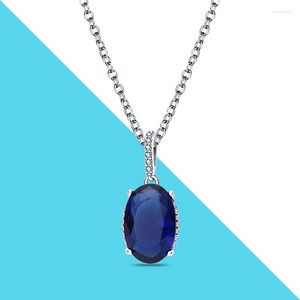 Kettingen Echte 925 Sterling Silver Sparkling Blue Gem Stone hanger ketting voor vrouwen klassieke jubileum Valentijnsdag sieraden cadeau