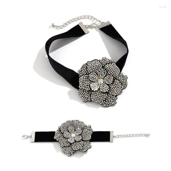 Chaînes Géométrique Strass Collier Élégant Romantique Flocage Tissu Fleur Bracelet Réglable Tour De Cou Exagéré Bijoux 57BD