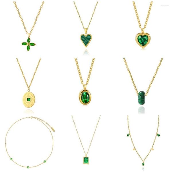 Correntes geométricas pequeno quadrado esmeralda verde gemstone pingente colar de aço inoxidável cruz corrente delicada ouro colares