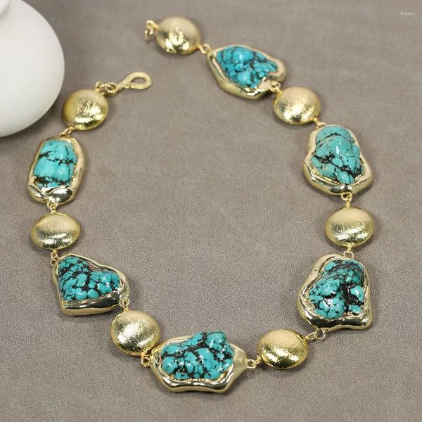 Chaînes GG Bijoux Bleu Turquoise Freeform Nugget Jaune Plaqué Or Brossé Perles De Pièces Collier Brut Fait Main Femmes Cadeaux