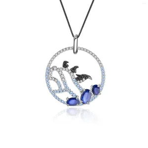 Chaines Glacier Penguin Animal Natural Sapphire Fabriqué à la main 925 Collier pendentif en argent sterling