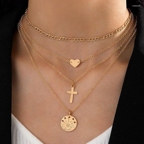 Chaînes Gold Niche Vintage Design Croix Pendentif Quatre Couches Collier Chaîne Collier Bijoux Cadeau De Vacances Pour Femmes