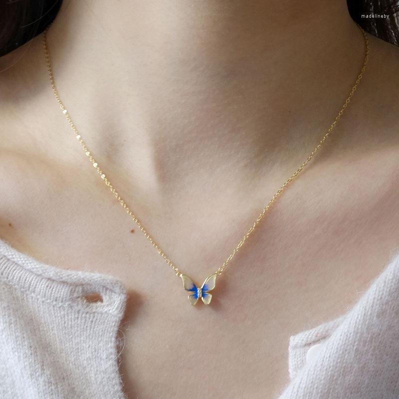 Chains Gold Plated French Gradual Blue Butterfly Wing Pendant Necklace For Women Girl Exquisite Jewelry Gift Wholesale Drop