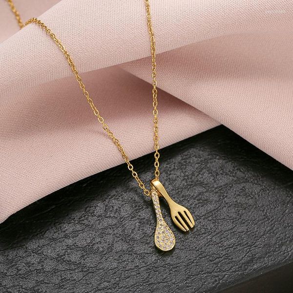 Chaînes plaqué or cuillère fourchette collier pour femmes 2023 mode bijoux titane acier pendentif Rhinestore luxe tour de cou corée