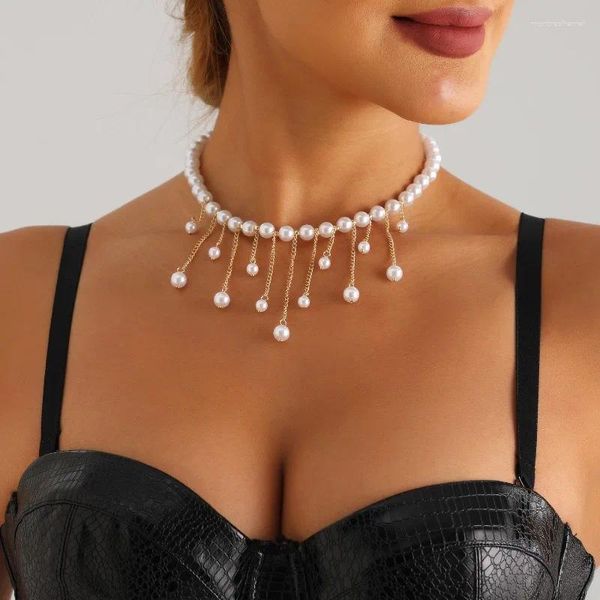 Chaines Imitation de couleur dorée Collier de clavicule perlé perle pour femmes