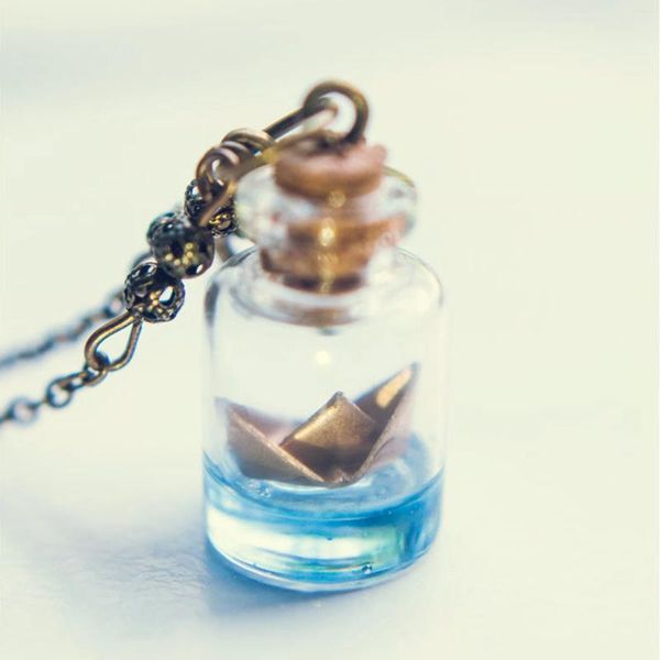 Chaînes Golden Paper Boat Bouteille Collier Bijoux Verre Pendentif Océan Origami Cadeau Mignon Pour Elle