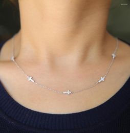 Chains Good Luck CZ Cross Link Chain Delicate Minimale Silver Jowery Vermeil 925 Sterling 18 "Sideway Necklace for Girl