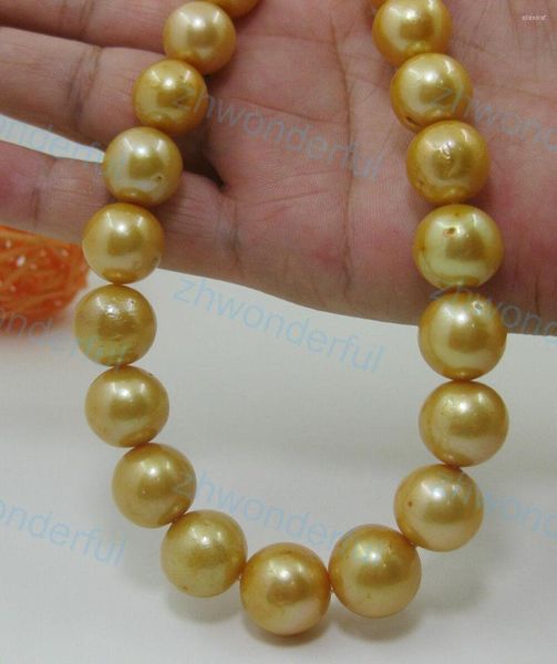 Chaînes Magnifique 13-14mm Véritable Collier de perles dorées naturelles de la mer du Sud 18 pouces