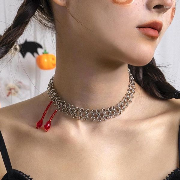 Chaînes Goth Punk Mesh Chaîne Colliers Colliers Pour Femmes Mode Rétro Halloween Sang Goutte Pendentif Collier Claviculaire Bijoux Cadeau