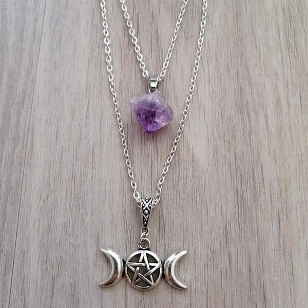 Chaînes Goth violet pierre chaîne Pentacle collier Triple lune pendentif naturel Wicca déclaration sorcière païenne ésotérique femmes cadeau