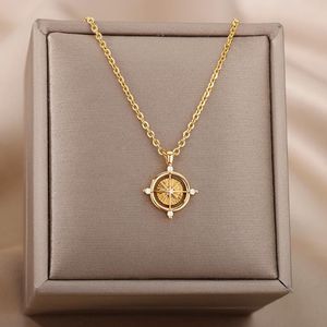 Kettingen goth zirkon ronde kompas hangers ketting voor vrouwen roestvrij staal goud sliver kleur noordster star zeil sieraden cadeauhonden