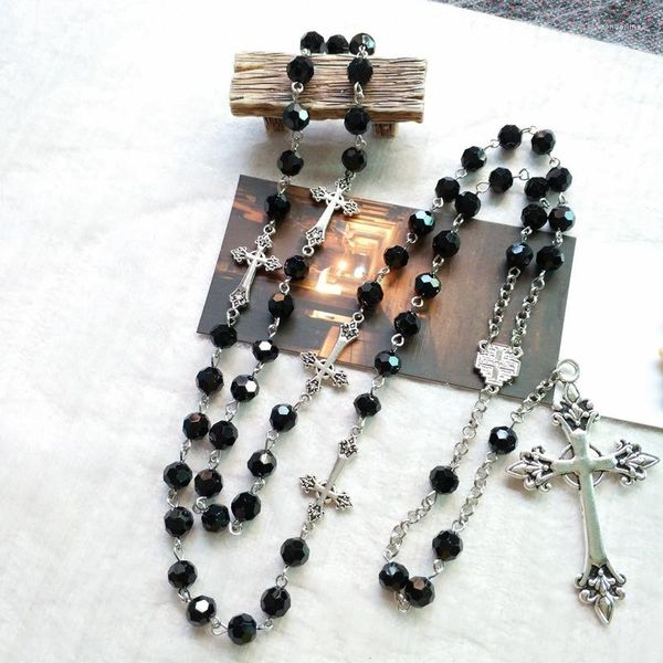 Chaînes gothique noir cristal perle croix chapelet Style Long collier perlé pendentif adapté pour hommes femmes bijoux religieux