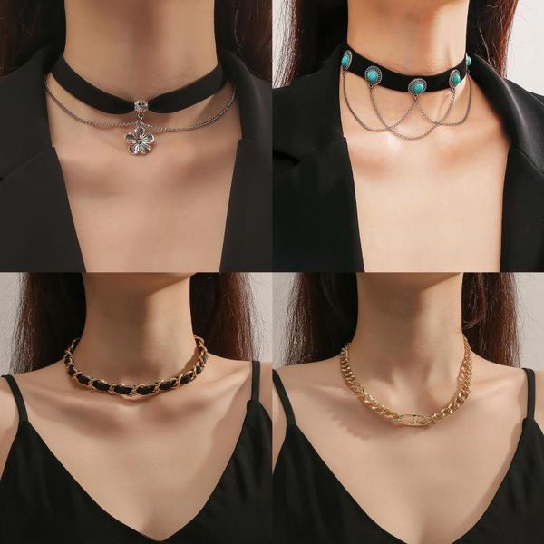 Chaines Chaîne en cuir punk gothique Quatre styles différents de colliers de clavicule pour femmes Ornements turquoise Collier de bijoux de fête