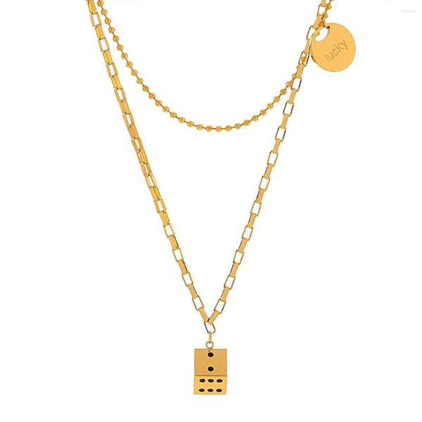 Cadenas Greatera Trendy Cube Dice Colgante Collares de acero inoxidable para mujeres Color dorado Layerd Collar de cadena de metal Joyería impermeable
