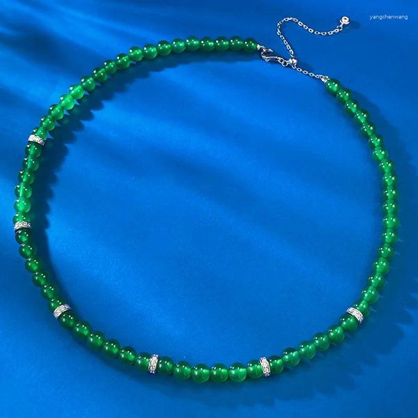 Chaînes Green Jade Marrow Beads Iced Empereur Silver Inlaid Pendant Polyme 6.0 mm Collier Femelle Femme Small