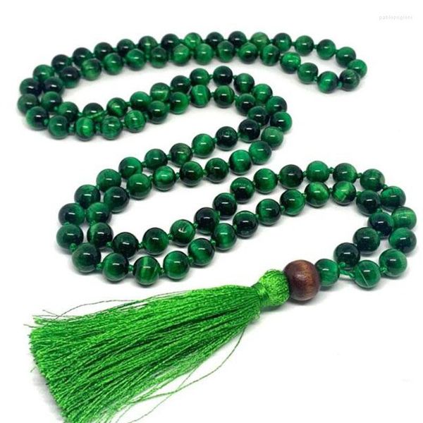 Cadenas Green Tigers Eye G-emstone Mala Healing Collar Anudado a mano 108 Cuentas Borla Collares JapaMala Meditación Malas Mujeres Hombres Gif