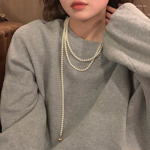 Cadenas GSOLD Vintage francés multicapa collar de perlas blancas Metal corazón encanto perla borla Lariat clavícula cadena joyería