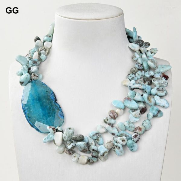 Cadenas GuaiGuai Jewelry 3 Strands Blue Slice Agates Real Gems Stone Larimar Chips Collar Para WomenChains Gord22