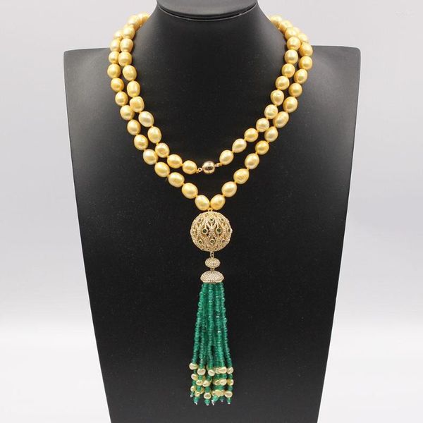 Chaînes GuaiGuai Bijoux Collier De Perles De Riz Doré De Culture CZ Ball Connetor Jaune Vert Agates Gland Pendentif À La Main Pour Dame