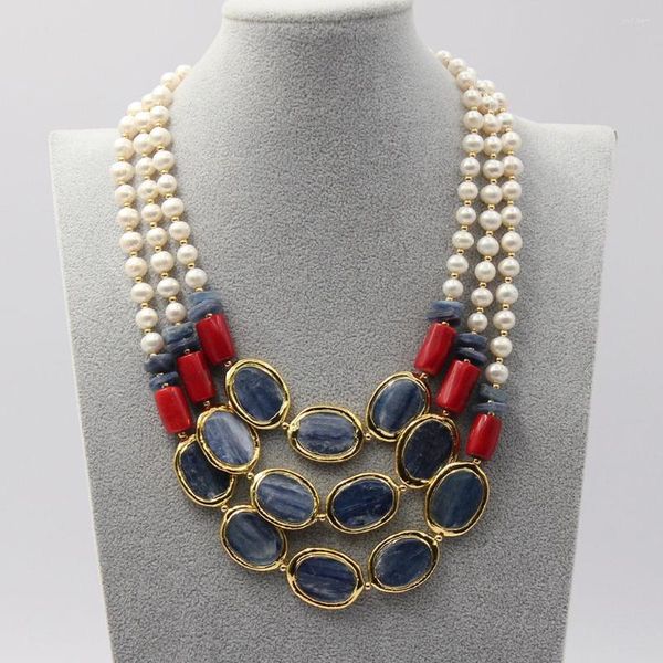 Chaînes GuaiGuai Bijoux Naturel 3 rangées Bleu Kyanite Rouge Corail Véritable Perle Blanche Collier Femme