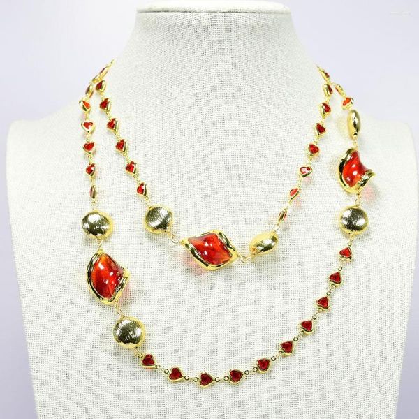 Chaînes GuaiGuai bijoux rouge verre de Murano coeur chaîne plaqué or brossé perles collier collier longs colliers dame cadeaux