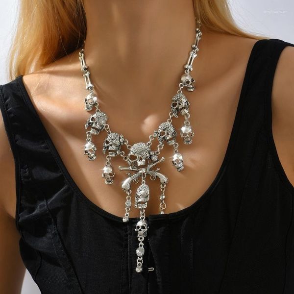 Chaînes Halloween Punk Collier Gothique Pirate Crâne Os Clavicule Chaîne Ras Du Cou Déclaration Bib Collier Colliers Bijoux Pour Femmes