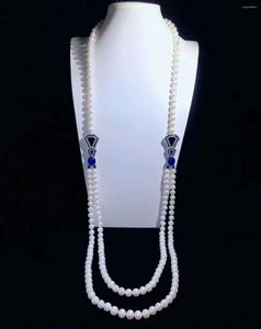 Chaînes nouées à la main 100-110cm 7-8mm Perle d'eau douce blanche Bleu Micro Inlay Zircon Accessoires Collier
