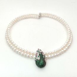 Chaînes nouées à la main 2 brins 7-8mm collier de perles d'eau douce rondes blanches Micro incrustation Zircon accessoires pendentif Long 45-47cm