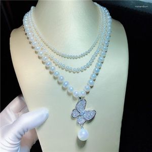 Chaînes nouées à la main 3 rangées perle d'eau douce blanche naturelle papillon Micro incrustation Zircon accessoires collier bijoux de mode