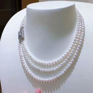 Chaînes nouées à la main 3 brins 6-7mm blanc perle d'eau douce Micro incrustation Zircon accessoires collier Long 43-50cm