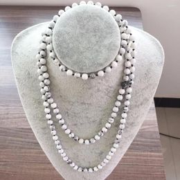 Chaînes nouées à la main 42 pouces / 60 pouces longs colliers Nature pierre 8 MM blanc Howlite collier sans fin infini perlé Yoga Mala perles