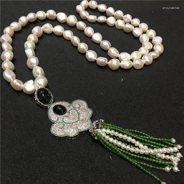 Chaînes nouées à la main naturel blanc baroque perle longue chaîne de pull vert pierre gland collier bijoux de mode